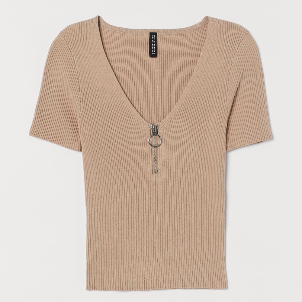 NWT HM Ribbed Short Sleeve Beige Sweater Knit Top S